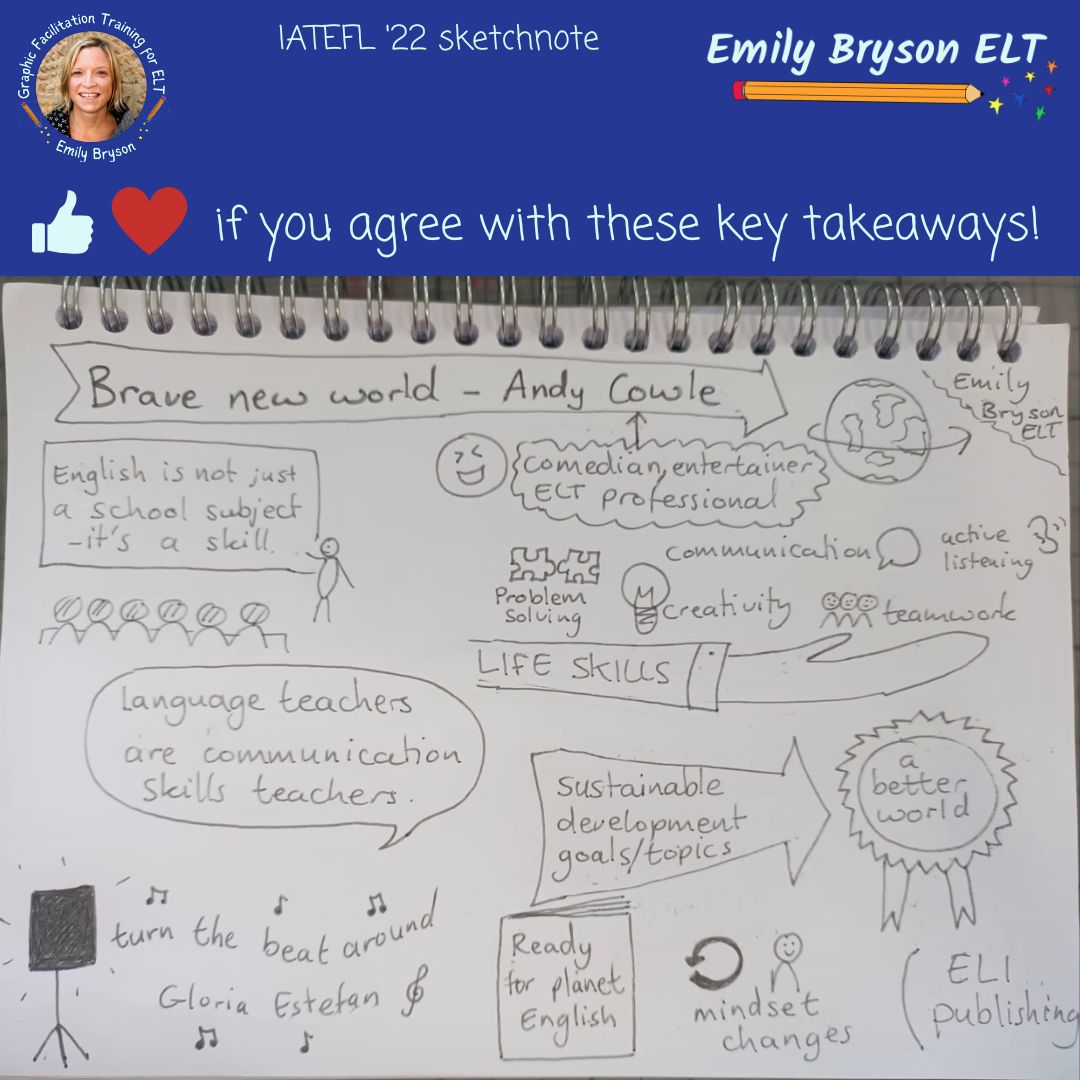 Sketchnoting is about visually capturing key takeaways. There are five here. Can you find them? Build your Visual Vocabulary to get started sketchnoting: emilybrysonelt.com/all-courses/ #TESOL #TEFL #sketchnotes #onlinecourses #esol #graphicfacilitation #drawingELT @andycowle