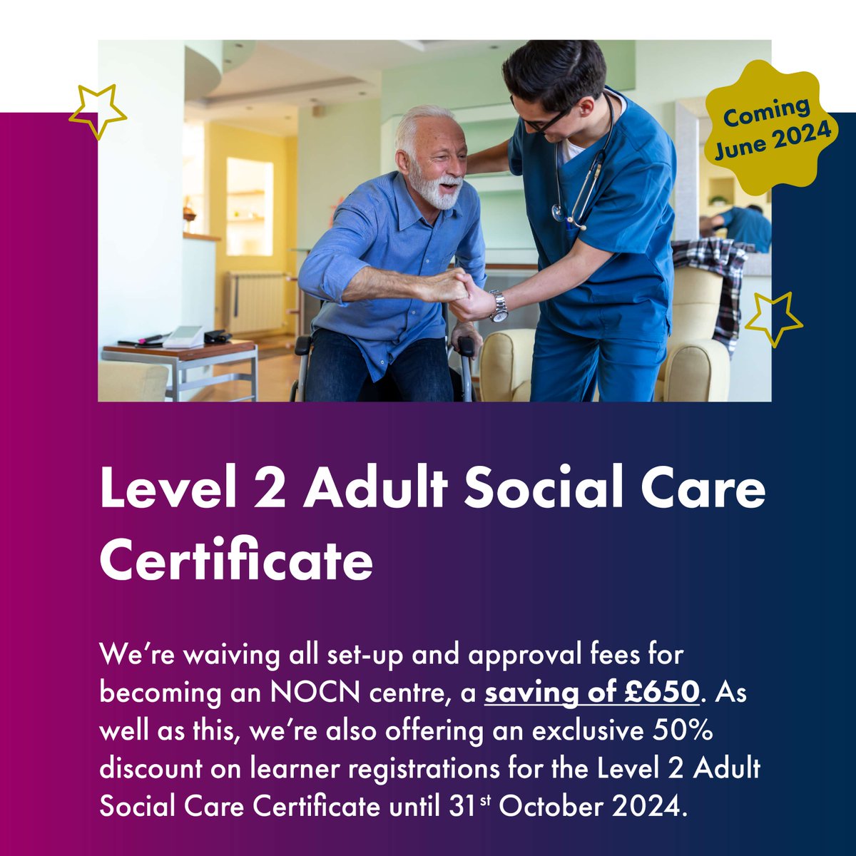 Take advantage of our latest offer! The new Level 2 Adult Social Care Certificate is set to revolutionise the care sector: ⭐️ No set up or approval fee's to become an centre (saving £650) ⭐️ 50% discount on learner registrations until 31st October 2024 ow.ly/SOVX50RahmW