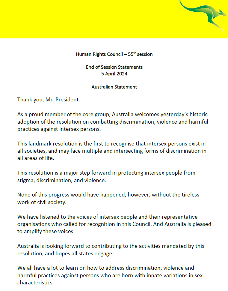 At the close of #HRC55, I welcomed the historic adoption of the @UN_HRC resolution on the rights of intersex persons. 🇦🇺 is committed to protecting intersex people from discrimination, violence and harmful practices. We hope all countries engage with the resolution’s activities.