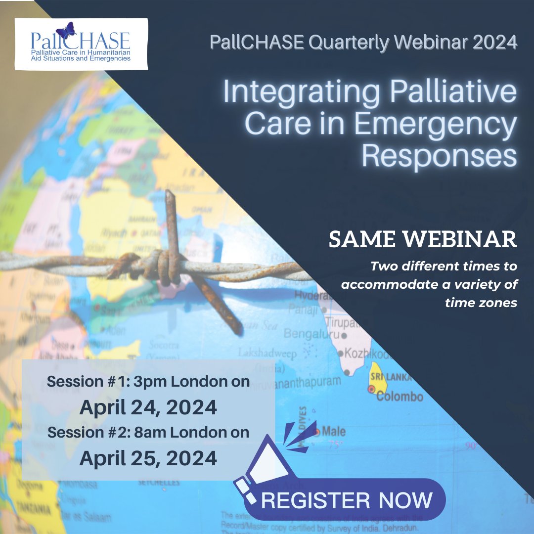 Integrating Palliative Care in Emergency Responses April 24 and 25, 2024 (SAME SESSION, OFFERED at TWO TIMES to accommodate a variety of time zones) Zoom Registration Links: April 24th: shorturl.at/ckBC3 April 25th: shorturl.at/pvFRT