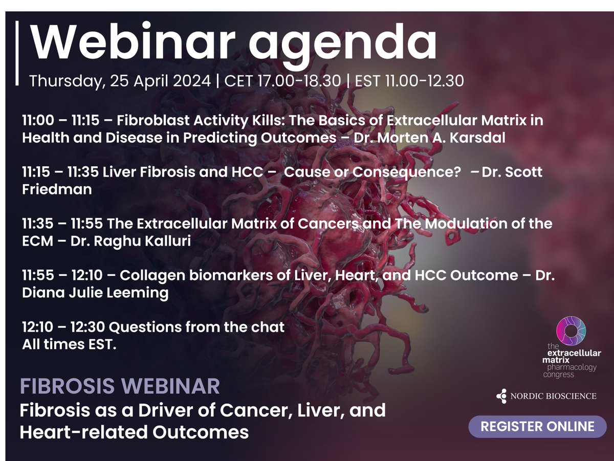 Have you registered yet for our landmark webinar on Fibrosis, the ECM, and disease outcomes? If not take a look at our agenda, and register below!

🌐 nordic-bioscience.webinargeek.com/ecm-pharmacolo…

#fibrosis #ECM #liver #cancer #CardioTwitter #clinicaltrials