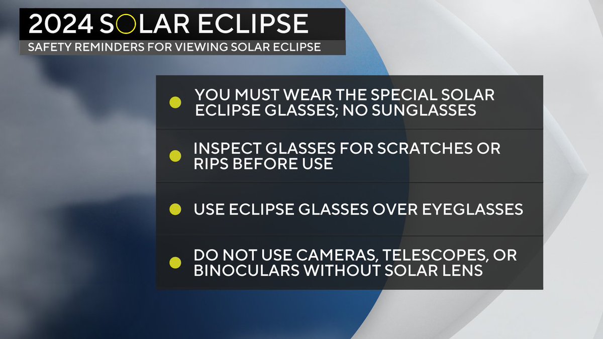 Lissette Gonzalez (@lissettecbs4) on Twitter photo SAFETY REMINDERS for viewing the Partial #SolarEclipse today: you must wear the special solar eclipse glasses (NO SUNGLASSES). Inspect glassed for scratches or rips before use. Use Eclipse glasses over eyeglasses. <a href="/CBSMiami/">CBS News Miami</a> SAFETY REMINDERS for viewing the Partial #SolarEclipse today: you must wear the special solar eclipse glasses (NO SUNGLASSES). Inspect glassed for scratches or rips before use. Use Eclipse glasses over eyeglasses. <a href="/CBSMiami/">CBS News Miami</a>