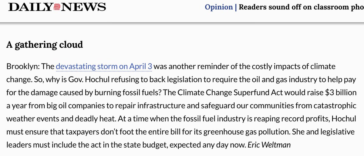 Message from @foodandwater's @EricWeltman to @GovKathyHochul in the @NYDailyNews: Make the oil & gas industry pay for their climate destruction! Pass the #ClimateChangeSuperfund Act in the budget.