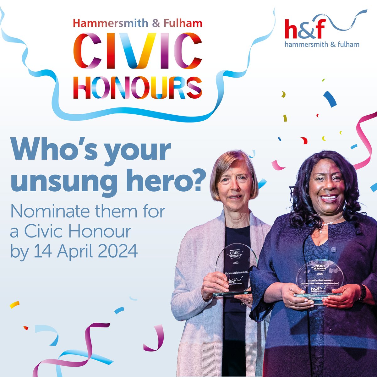 Nominate your H&F Hero for a 2024 Civic Honour! It’s that time of year when we celebrate the exceptional people who make Hammersmith & Fulham such a great place to live! The closing date for nominations is 14 April 2024. Nominate someone here: lbhf.gov.uk/community/hf-c…