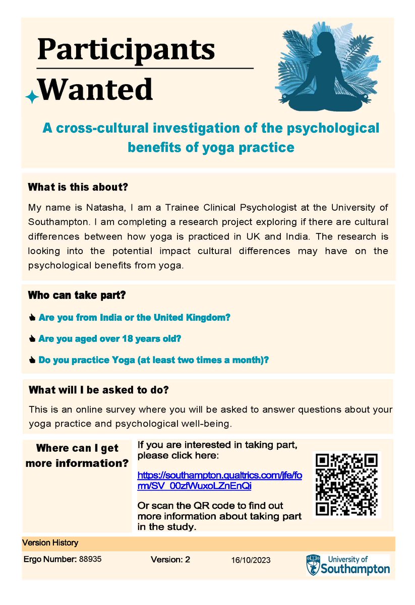 Tasha is recruiting participants for a research project exploring people's YOGA practice in the UK & India & how these practices may impact on psychological wellbeing. If you are interested in taking part please see poster and link for more details southampton.qualtrics.com/jfe/form/SV_00…