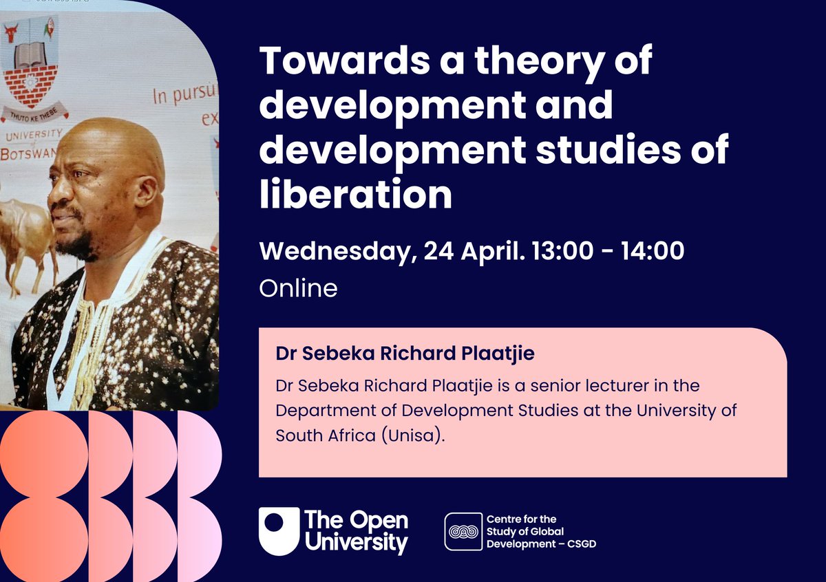 Join our next seminar: Towards a theory of #Development and #DevelopmentStudies of liberation with Dr Sebeka Plaatjie. 🗓️Wednesday, 24 April. 13:00 - 14:00 Register: buff.ly/3J3e8V8