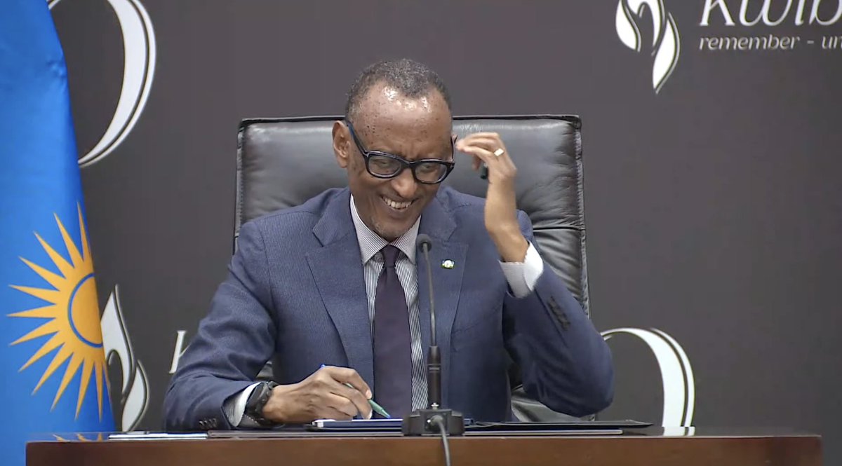 President Kagame smiles, and scratches his head, when reacting to a French media outlet about why 'he doesn't smile enough and often looks severe.' I think I would also scratch my head! #Kwibuka30