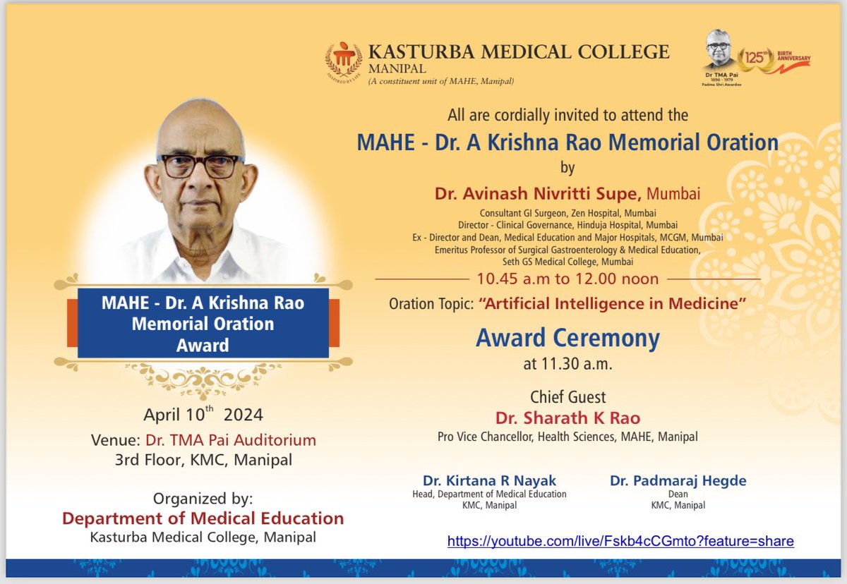 Dr. A Krishna Rao oration <a href="/kmc_manipal/">KMC Manipal</a> <a href="/MAHE_Manipal/">Manipal Academy of Higher Education</a>