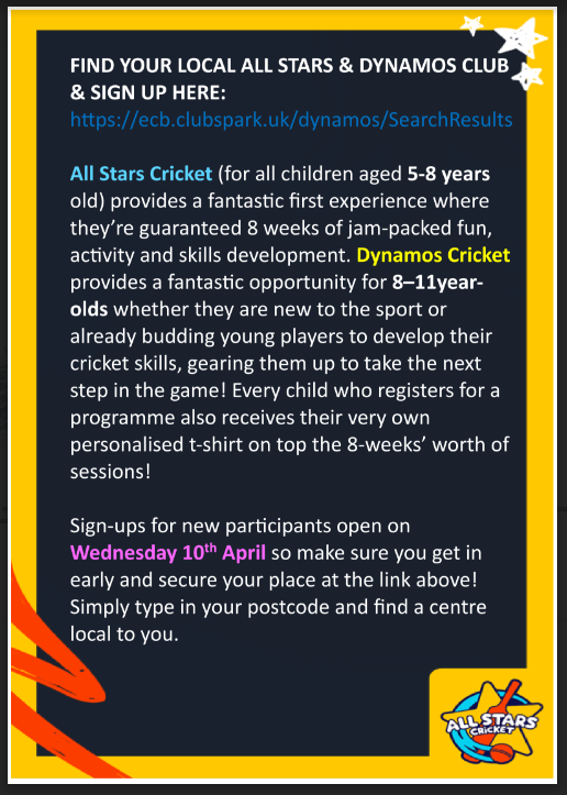 Amazing opportunity to get involved in Cricket this summer with All Stars & Dynamos Cricket. Sign up starts Wednesday 10th April. Use the link below to learn more. @WarwickshireCCC @allstarscricket @ElliotSchools @BCSGO ecb.clubspark.uk/dynamos/Search…