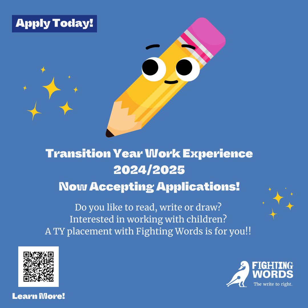 ✅Going into Transition Year in 2024/2025? ✅Do you like to read, write or draw? ✅Interested in working with primary school students in a creative environment? Then a Transition Year placement at Fighting Words is for you!!🎉🎉 Check it out here! fightingwords.ie/get-involved/v… 📝