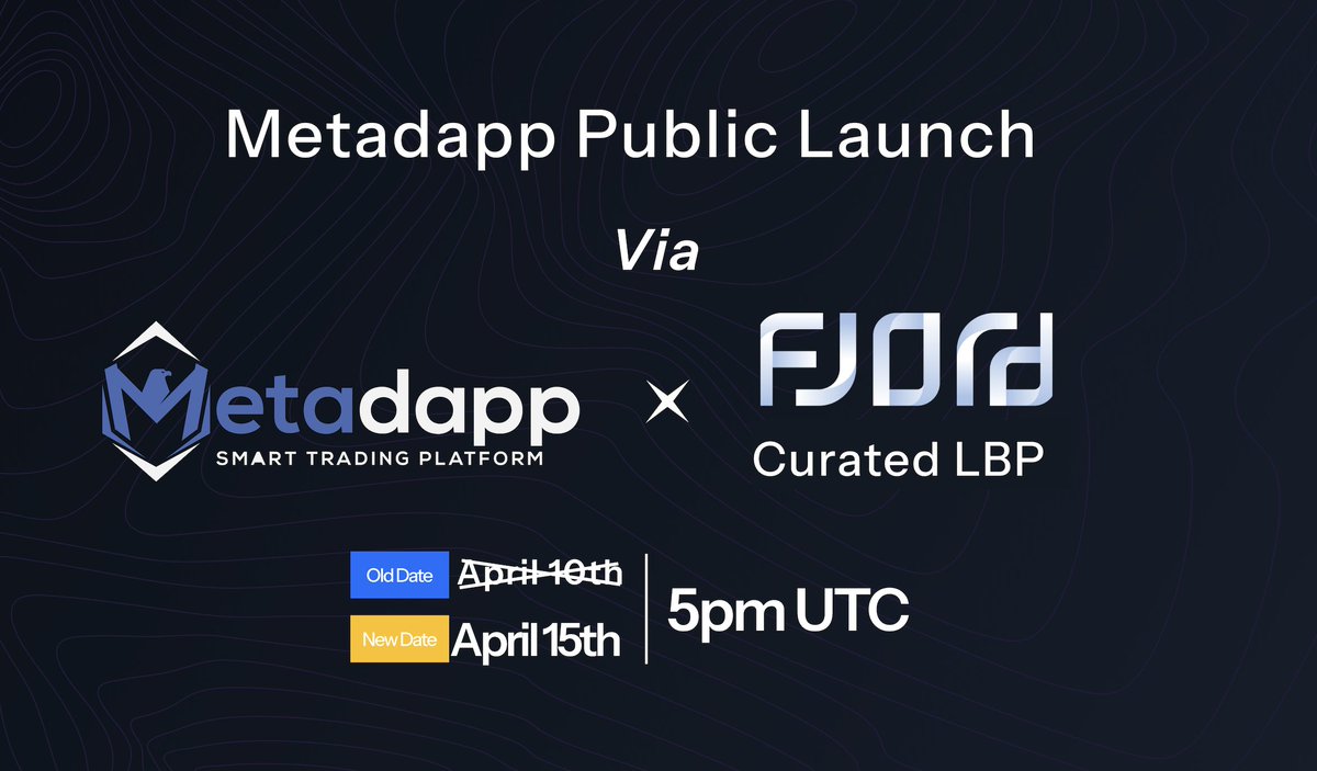 QUICK Update On Our LBP Launch Date. Mark your calendars! The public launch of Metadapp's MDP Token via @FjordFoundry LBP has been rescheduled to April 15th. We're fine-tuning everything to ensure the best launch possible. Get ready for takeoff on April 15th! 5PM UTC 🚀…