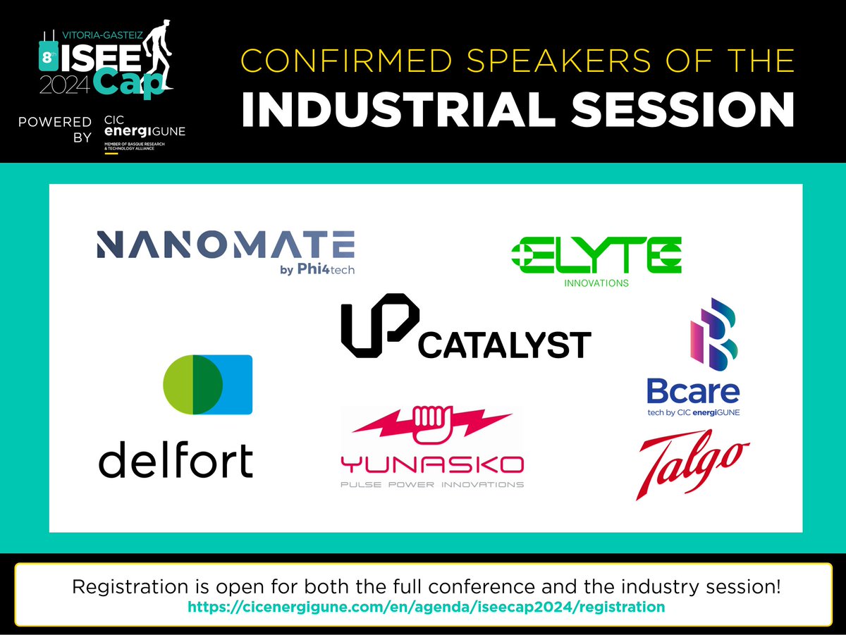 🚀 Announcing #ISEECap24 Industry Session speakers! 🌟 Honoring Dr. John Miller, we welcome: Nanomate 🧪 @el_innovations 💡 @upcatalyst1 🔄 Delfort 📊 @BCARE_MB-@TalgoGroup 🚄 @YunaskoLTD 🌪️ ✨Registration open! cicenergigune.com/en/agenda/isee…