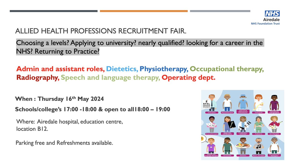 ANHSFTrecruit's tweet photo. ‼️ Allied Health Professions Recruitment Fair ‼️
Are choosing A-Levels? Applying to University? Nearly qualified? Returning to practice?...Come see us!
Our upcoming fair is a great opportunity to meet us and find out about the many ways available to help start your a career. https://t.co/z2u1E2c3ag