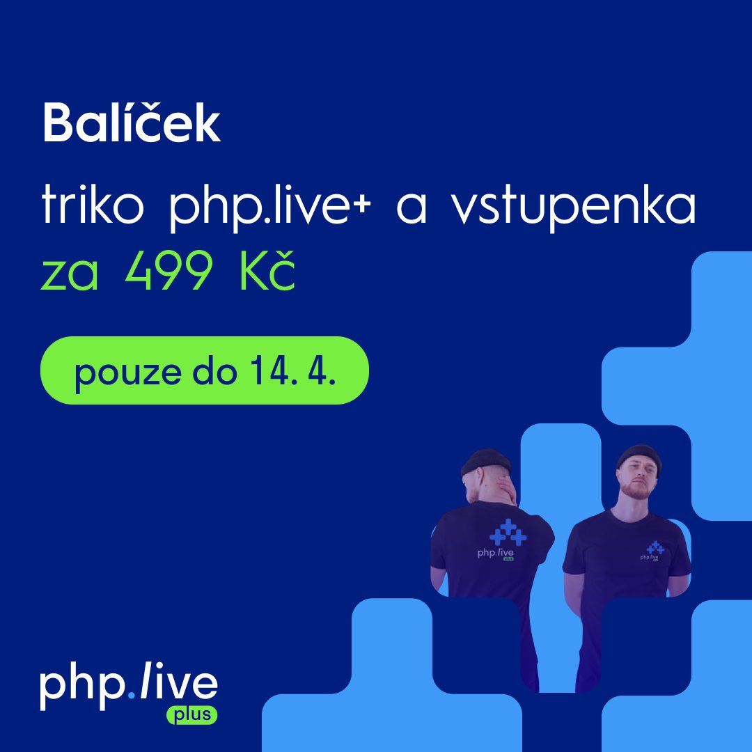 🤔 Ještě nemáš vstupenku na php.live+? 
I letos si ji můžeš pořídit ve výhodném balíčku s php.live+ tričkem. Ale pozor! Vstupenku s tričkem je možné zakoupit už jen do neděle 14. dubna. Tak si pospěš, ať ti neuteče. 😉
👉 Kupuj zde: phplive.cz/vstupenky