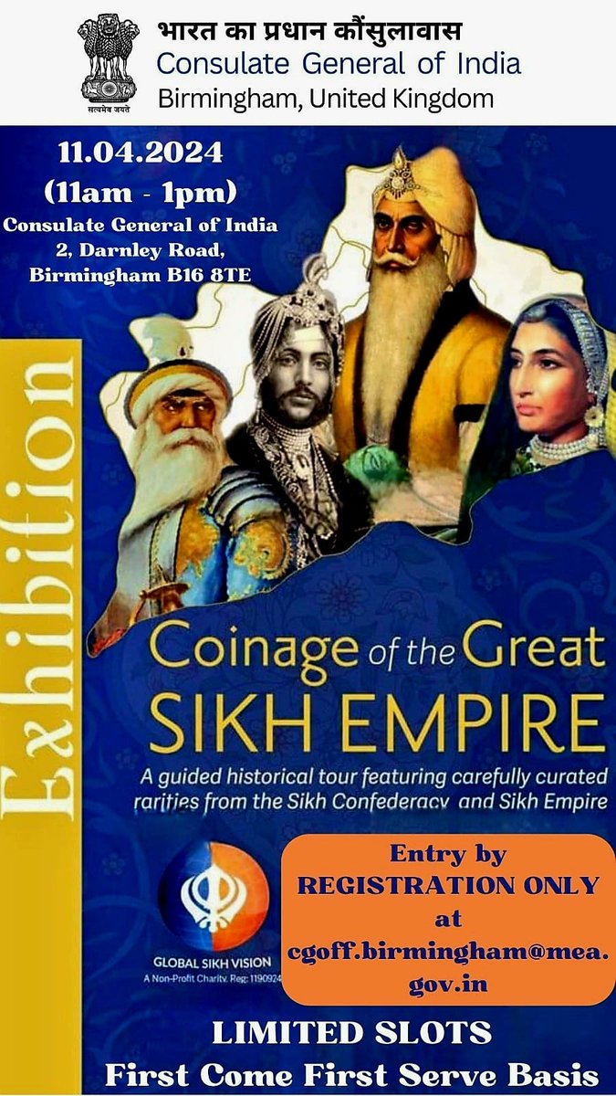 📣 Explore the rich history of the Great Sikh Empire at the 'Coinage of the Great Sikh Empire' Exhibition! Join us at @CGI_bghm on April 11th, 11 am - 1 pm. 🕰️ Limited spaces available, RSVP now at cgoff.birmingham@mea.gov.in First come, first served! #SikhEmpire #Numismatics 🪙