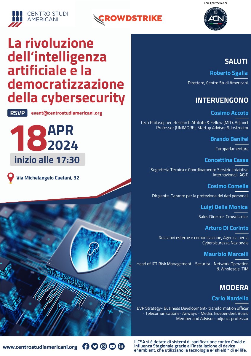 🗓️18 aprile - 17:30 La rivoluzione dell'intelligenza artificiale e la democratizzazione della cybersecurity Partecipano al dibattito: @CosimoAccoto @brandobenifei @scunzajocu Per partecipare📩 event@centrostudiamericani.org