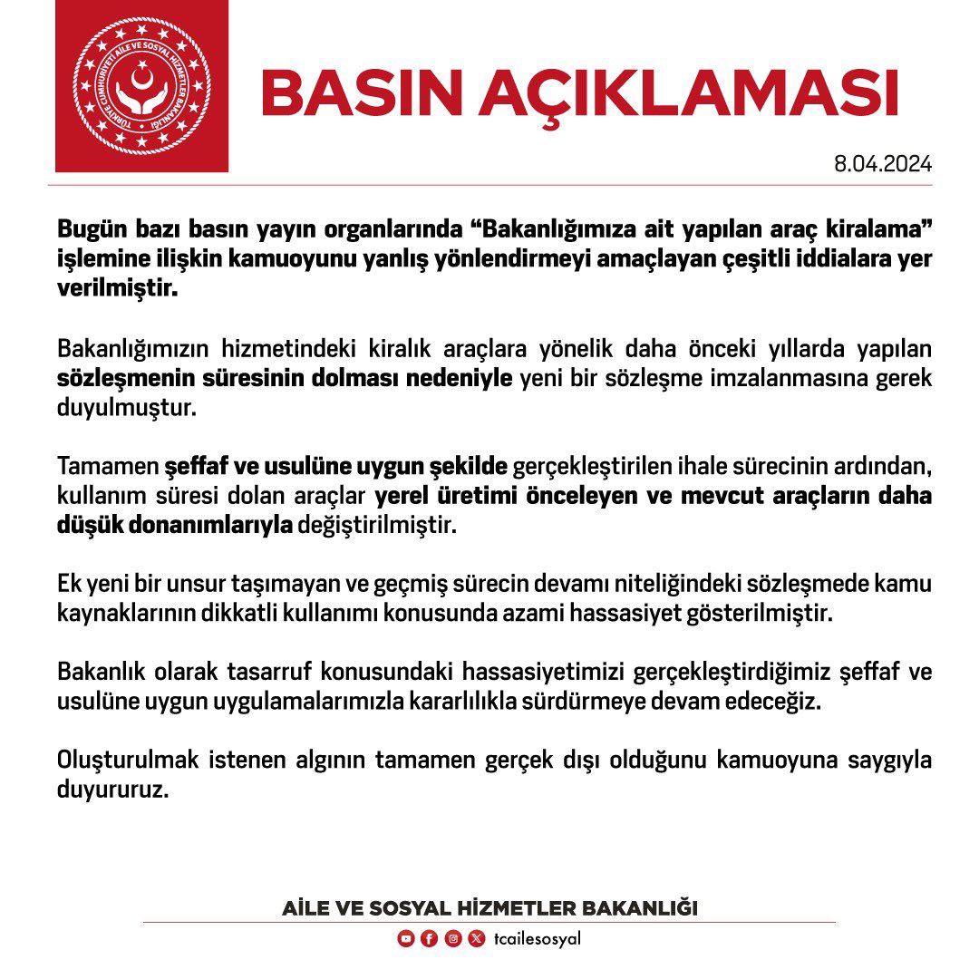 Bugün bazı basın yayın organlarında yer alan “Bakanlığımıza ait araç kiralama” iddialarına ilişkin basın açıklamamız❗️