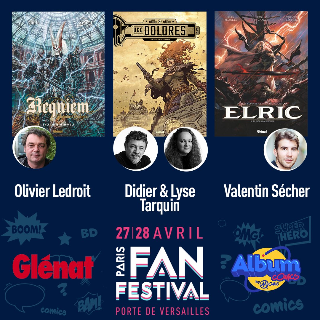 ✒️ RDV le 27 et 28 avril au @ParisFanFest sur le stand @AlbumComics avec : 🔹 Olivier Ledroit dédicacera en AVP le tirage spécial Momie limité à 700 exemplaires de Requiem Tome 12 🔹 Didier et Lyse Tarquin pour UCC Dolores 🔹 Valentin Sécher pour Elric et Conan