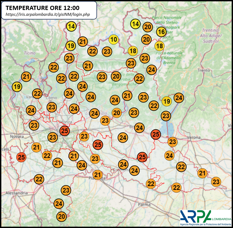 #Meteo in #Lombardia: #temperature 🌡️ attuali fino a 25 °C in pianura. 
Domani è previsto un calo anche di 8-10 °C con #piogge 🌧️diffuse dal pomeriggio. 
Guarda le #Previsionimeteo aggiornate su 👉 arpalombardia.it/temi-ambiental…