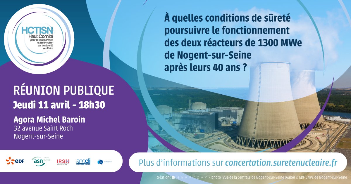 Quelle sûreté pour les réacteurs #nucléaires de 1 300 MWe après 40 ans de fonctionnement ?  
--> Jeudi 11 avril à 18h30 à @NogentsurSeine réunion publique ouverte à tous pour poser vos questions à l'ASN, @EDFNogent @IRSNFrance et @anccli 
@Cli_Nogent 
#ParlonsSûreté #40ans1300MWe