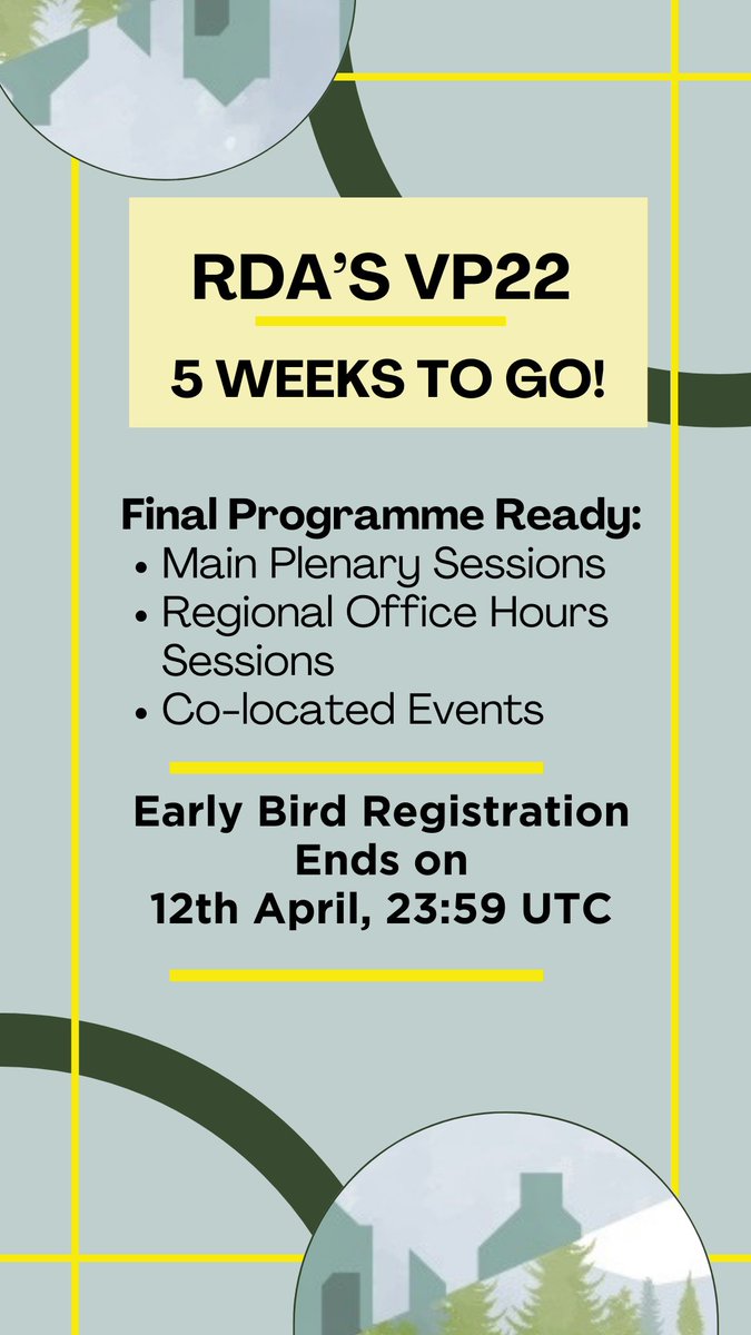 📢5 weeks to go until RDA's 22nd Plenary Meeting! Final programme including keynote speakers from the RDA's Regional members, various co-located events, and Office Hours sessions are available. ⏰Early Bird Registration Ends on Friday, 12th April! bit.ly/3vL8kg8