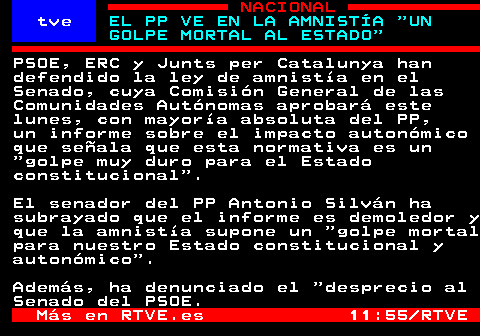 EL PP VE EN LA AMNISTÍA 'UN GOLPE MORTAL AL ESTADO'

➡️Canal Teletexto Telegram

t.me/rtvetext

➡️Teletexto RTVE

bit.ly/43Vvf3l

#PSOE #ERC #JuntsperCatalunya #amnistía #Senado #PP
⌚ 12:21
