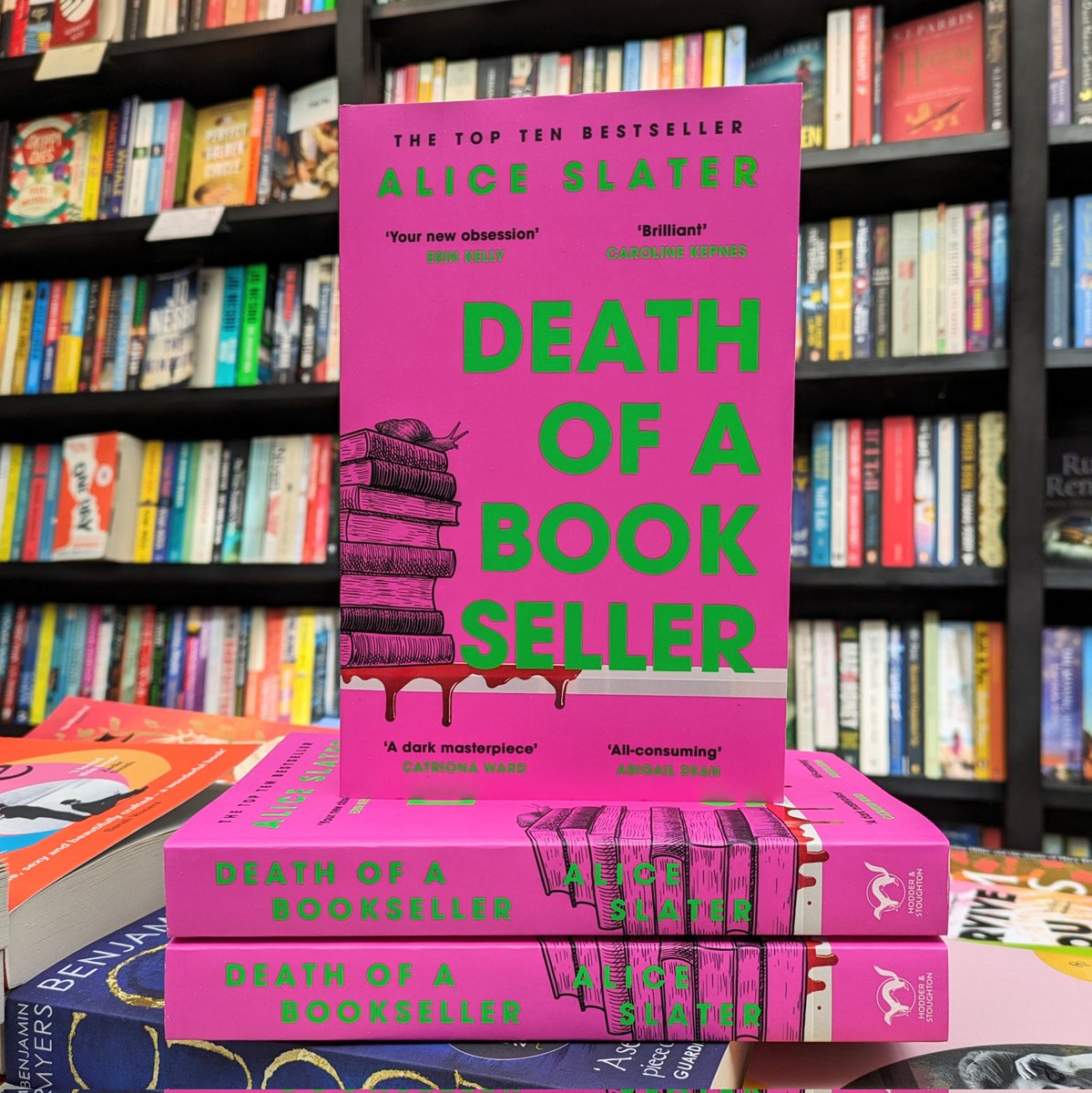 ...How worried should we be??? Now in paperback, this stunningly macabre crime debut finds two booksellers drawn towards each other in a sinister game of obsession! #waterstones #deathofabookseller #aliceslater