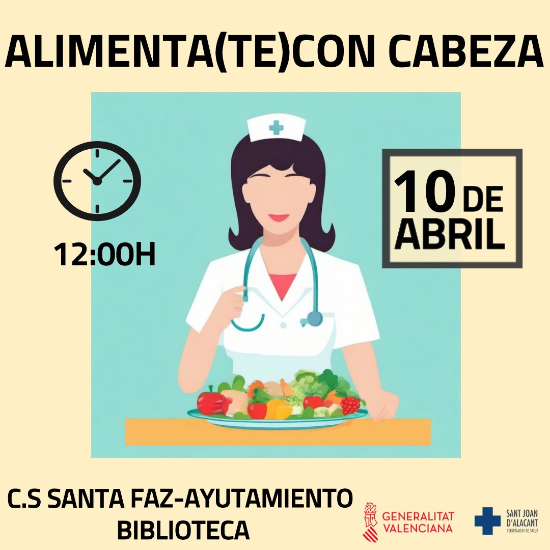 ALIMÉNTA(TE) CON CABEZA Taller para usuarios del Centro de Salud Santa Faz-Ayuntamiento de #Alicante del @GVAsaludstjoan 🗓️10 ABR ⏰12:00 h #EnfermeríaComunitaria Infórmate y apúntate en el centro de salud⤵️⤵️ 📩depsj_cssantafaz@gva.es GVA Sanitat