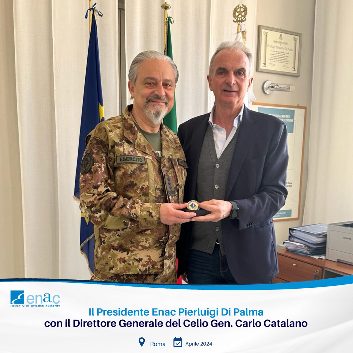 Il Presidente #Enac Di Palma ha incontrato il Gen. Catalano, Direttore del Policlinico Militare di Roma “Celio”, conosciuto nel 2012, quando Di Palma era Vice Segretario Generale del Ministero della Difesa. Il Presidente ha consegnato al Gen. la medaglia istituzionale dell’Enac.