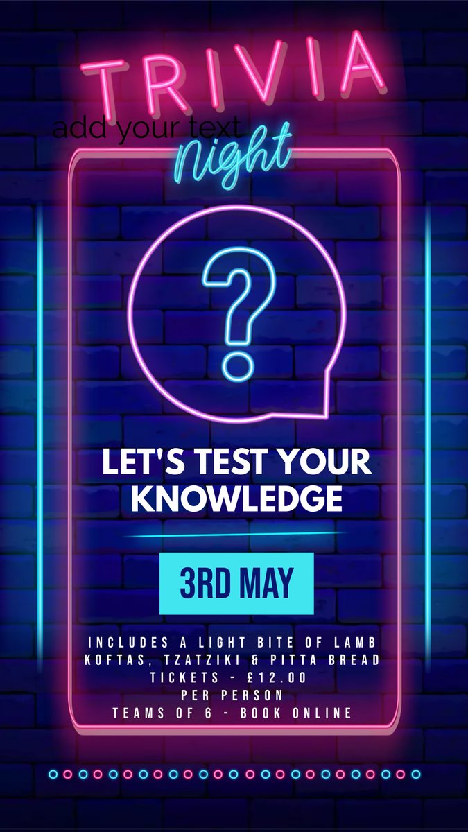 Tickets are available online for the next test of your knowledge! A light bite of lamb koftas, tzatziki and pitta bread is included and tickets are £12.00pp #quiz #quiznight
