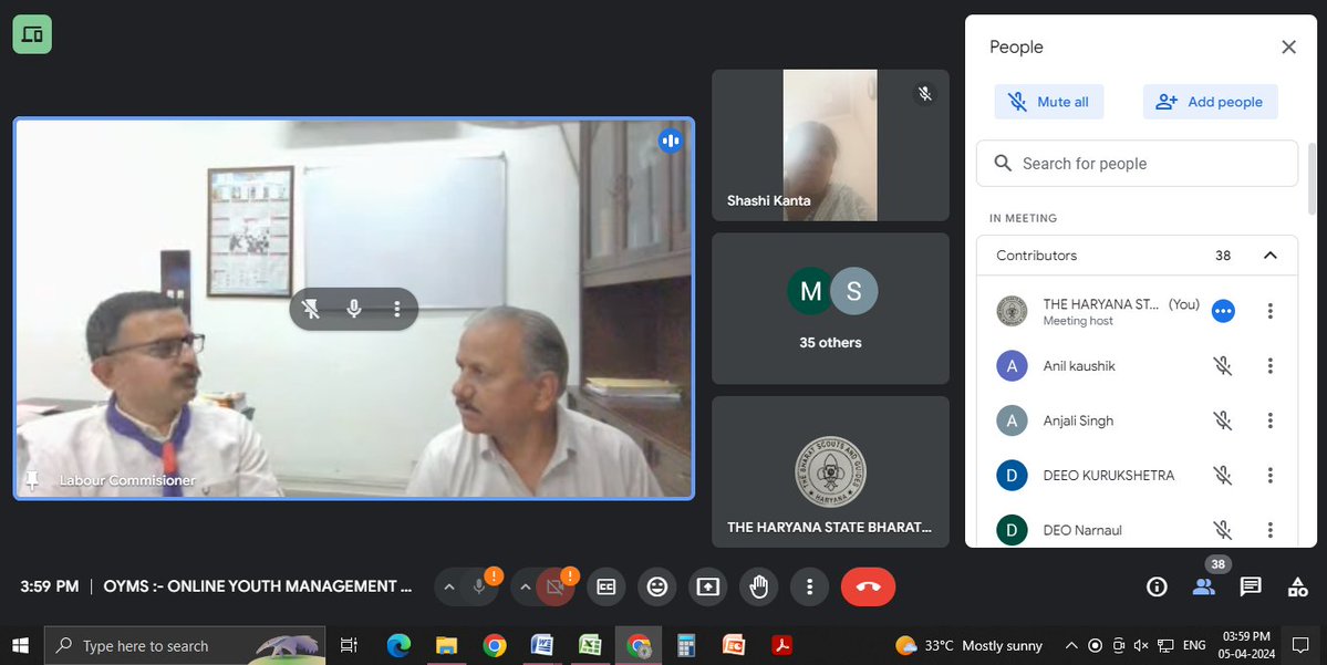 haryanastatebsg's tweet photo. #Google_meet of DOCs and DTCs on #OYMS held Under the chairmanship of Dr. Mani Ram Sharma, IAS, State Commissioner (Admn.) on 5th April, 2024. 48 members actively participated. 
@bsgnhq
#online_Youth_Management_System
#scouts #oyms #bsgindia #guides #BSGHr https://t.co/jf6JrrdUXz