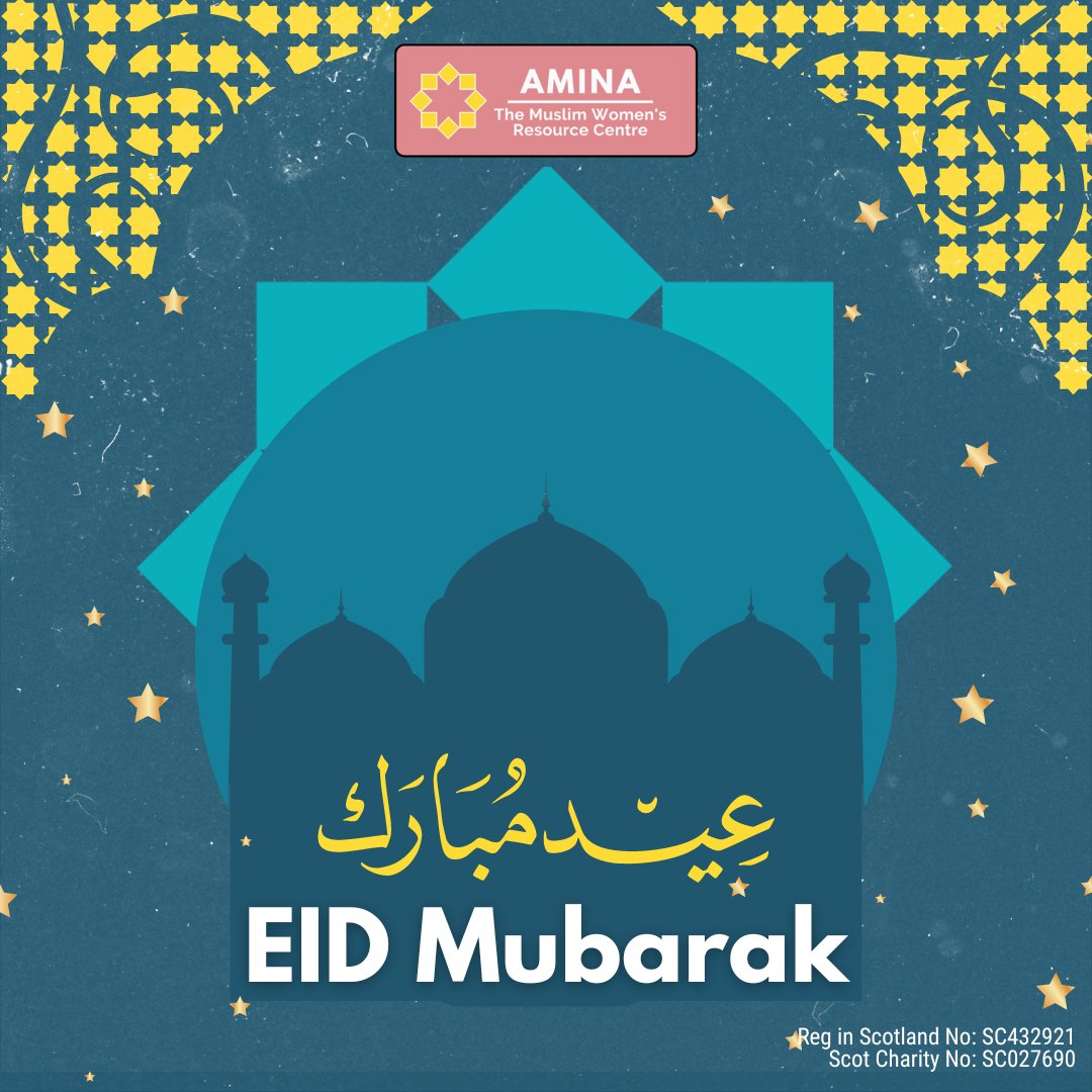 ☪️🕌 #EidMubarak from your sisters at #AminaMWRC. We wish you a blessed Eid with your family & loved ones💫 Services resume as follows: 📞 12/04: Helpline returns 🌸15/04: Office reopens & #WFG 🎨 16/04: Dundee #CreativeWellbeing returns We look forward to welcoming you back! 🫶