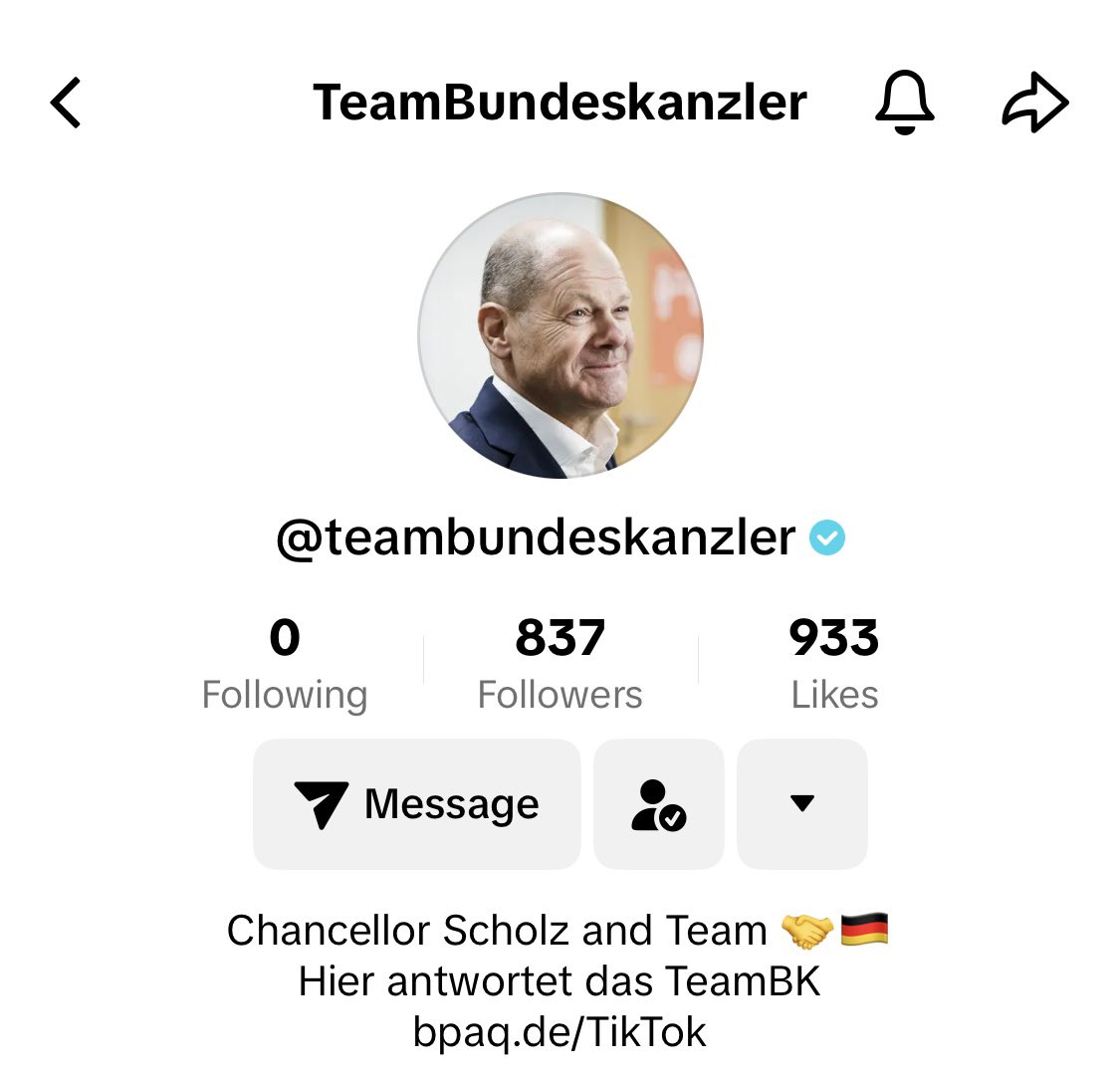 German Chancellor Olaf Scholz is on TikTok as @TeamBundeskanzler to reach younger voters but promises not to dance. 🕺🏼

➡️🎥vm.tiktok.com/ZGemnmfTk/
#DigitalDiplomacy