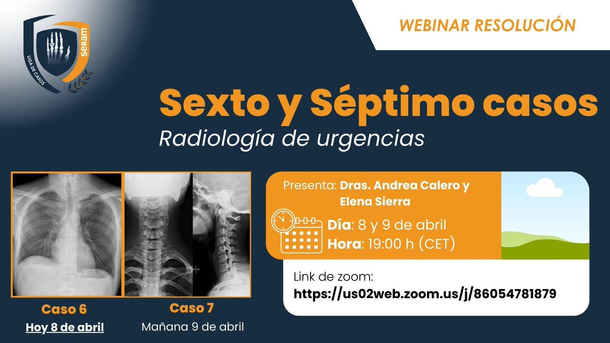 📣 ¡Recuerda que hoy y mañana son los Webinar de resolución de los últimos casos de la #LIGASERAM! ¿Qué podemos aprender de cada caso?, ¿Quiénes serán los ganadores? 😬 ENLACES ➡️ (Hoy - Caso 6) buff.ly/3xpHvyq ➡️ (Mañana - Caso 7) buff.ly/4anzSXL @SERAM_RX