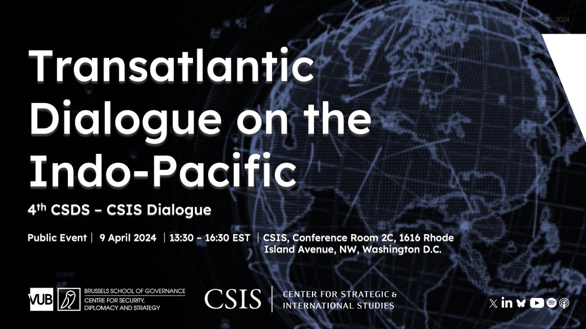 ❗️Event❗️ Don't forget... tomorrow we are really pleased to join @CSIS for our 4th transatlantic dialogue on the Indo-Pacific. You can join us online as our excellent speakers debate the challenges facing the #IndoPacific. Don't miss it! Register today🔸 csds.vub.be/event/csds-csi…