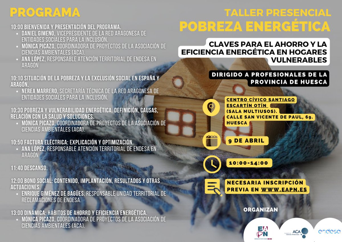 📣¿Eres de #Huesca?, ¿Trabajas con colectivos en situación de vulnerabilidad?, ¿te interesa el tema de la #PobrezaEnergética?. Mañana 9/04 estamos en 🚩Huesca en el Taller 'Claves para el ahorro y la #eficienciaenergética en Hogares vulnerables'.
👇 docs.google.com/forms/d/e/1FAI…