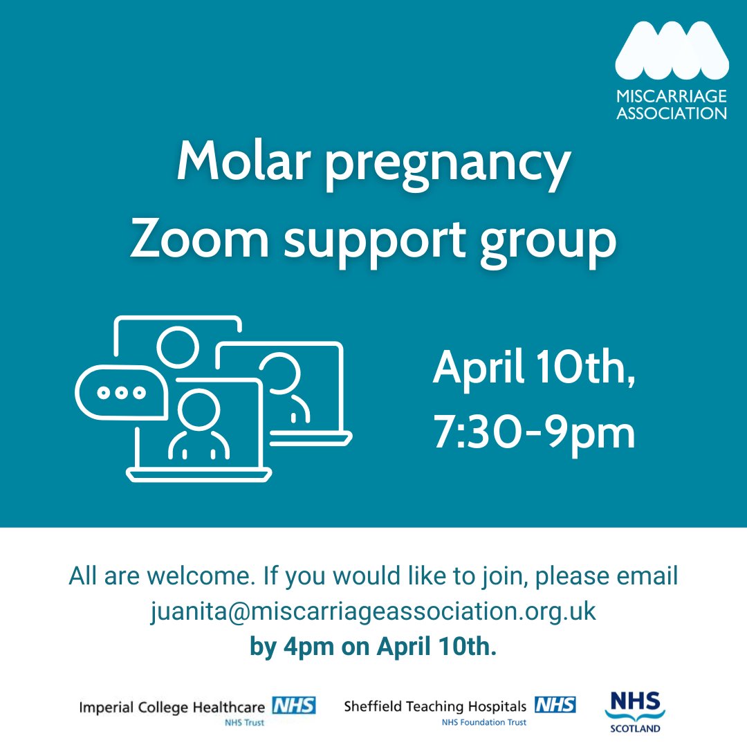 On Wednesday 10th April, 7:30-9pm, we're holding a support group for those affected by molar pregnancy, but not needing treatment. If you would like to join, please email juanita@miscarriageassociation.org.uk by 4pm on Wednesday 10th April.