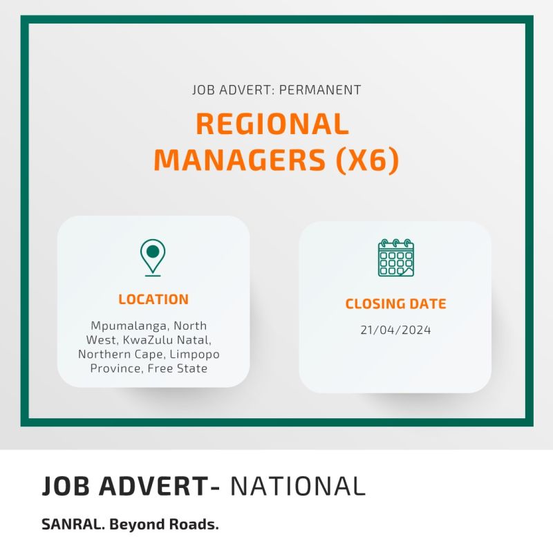 SANRAL 

Career Opportunities: Regional Managers (x6)

MINIMUM REQUIREMENTS:
• Formal NQF Level 8 qualification in Engineering (Civil).
• A valid Professional registration with ECSA as a PR Eng or equivalent.
• Minimum 10 years working experience in the construction sector.