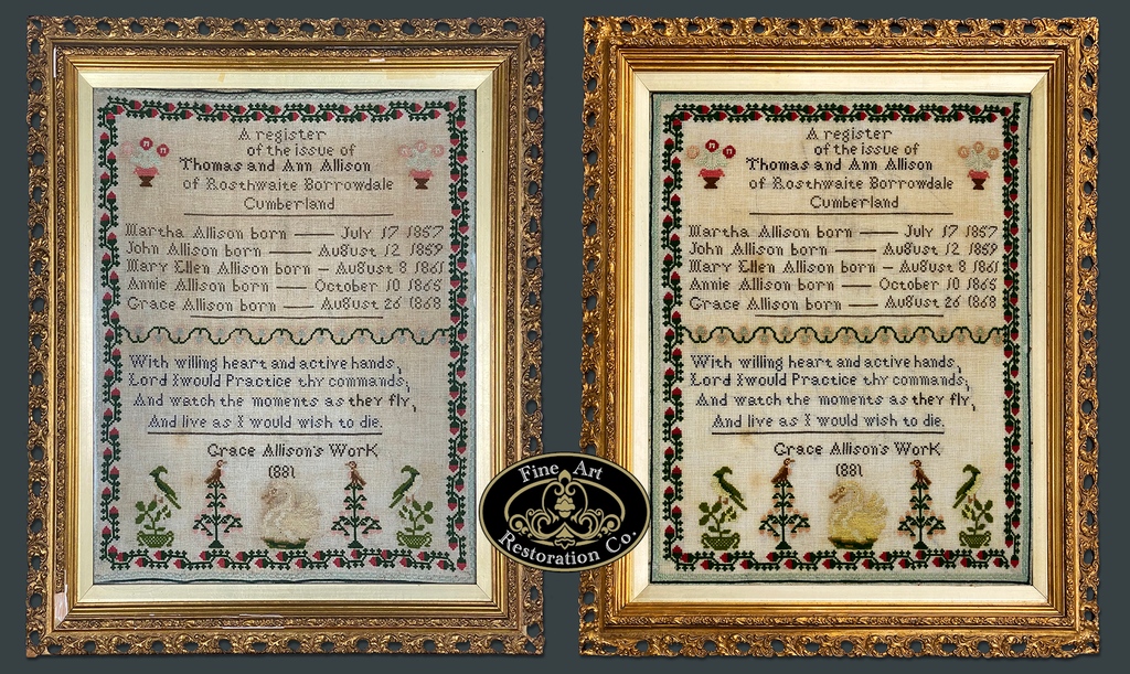 A wonderful result for this rather unique embroidery. It’s fantastic when we are able to restore a work of such sentimental value! 

Read about the restoration of such embroidery samplers in our article: fineart-restoration.co.uk/news/conservat…

#fineart #restoration #conservation #embroidery