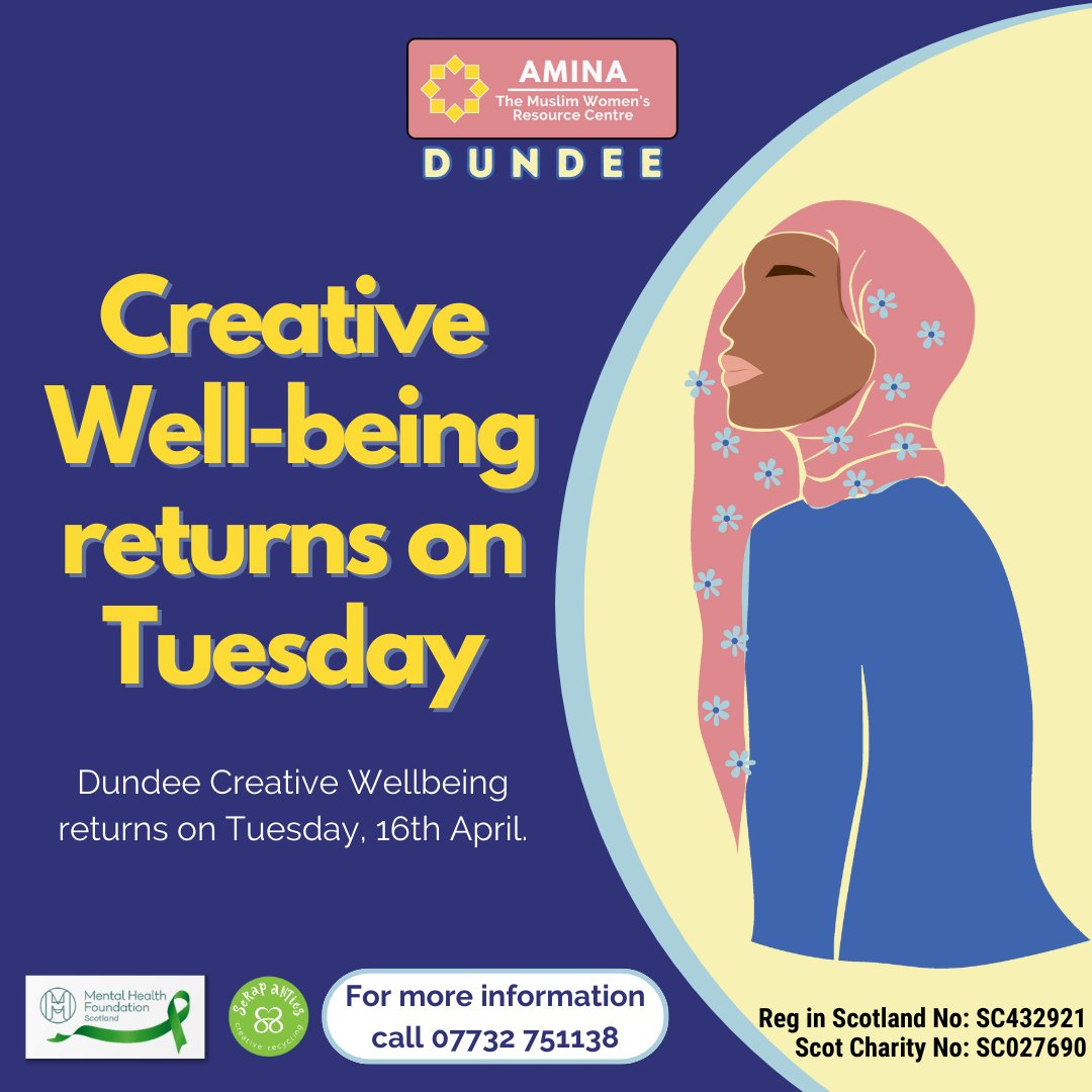 💌 Amina MWRC's #Dundee #CreativeWellbeing returns on Tuesday, 16th April 2024. We've got a list of exciting activities planned for this term and can't wait to welcome you back!

#AminaMWRC #DundeeActivities #FreeEvents #WhatsOnDundee #DundeeWomen #WomensGroup #SafeSpace