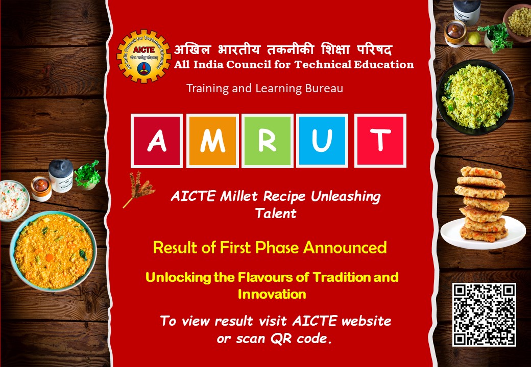 📢Important Announcement: 

The first phase result of AICTE Millet Recipe Unleashing Talent (#AMRUT) has been announced. The shortlisted candidates for the AMRUT grand finale will be informed through email. To view result scan QR code.

@SITHARAMtg