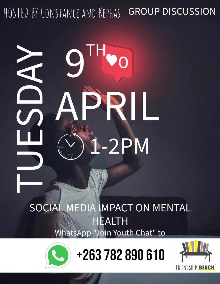Social media use can take a huge toll on our mental health. 

Join in tomorrow as Constance and Kephas walk us through the implications of social media usage on mental health. 

Follow the instructions on the post to join. #MentalHealthMatters #FriendshipBench