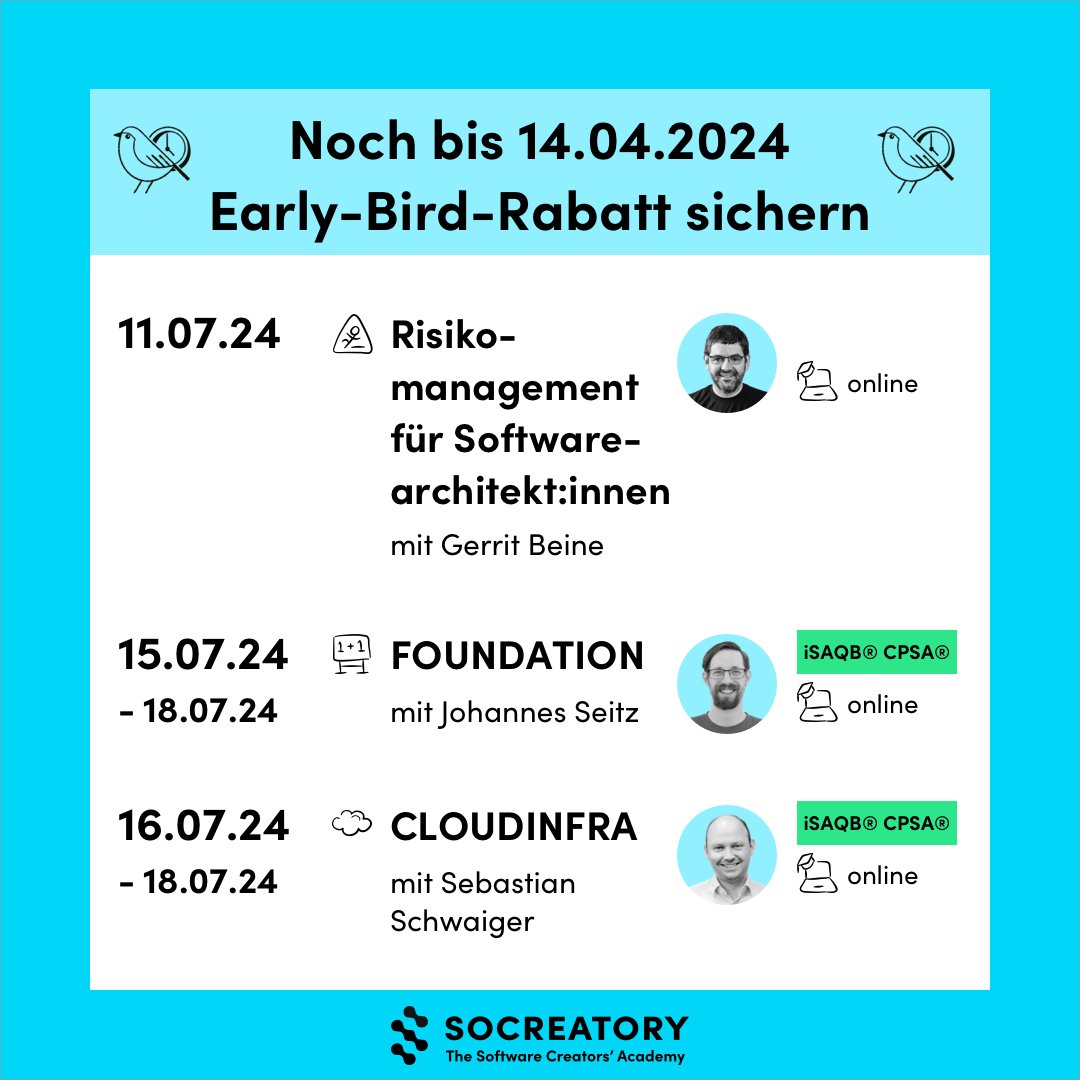 socreatory (@socreatory) on Twitter photo 🐣 Noch bis 14.04. Early-Bird-Rabatt sichern:
🗓️ Risikomanagement mit <a href="/GerritBeine/">Gerrit Beine https://mastodon.social/@gerritbeine</a>
socreatory.com/de/trainings/r…
🗓️iSAQB CPSA-Foundation mit <a href="/johanneswseitz/">Johannes Seitz</a>
socreatory.com/de/trainings/f…
🗓️iSAQB CPSA-A CLOUDINFRA mit <a href="/seb_schwaiger/">Sebastian Schwaiger</a>
socreatory.com/de/trainings/c…
#weiterbildung #earlybird 🐣 Noch bis 14.04. Early-Bird-Rabatt sichern:
🗓️ Risikomanagement mit <a href="/GerritBeine/">Gerrit Beine https://mastodon.social/@gerritbeine</a>
socreatory.com/de/trainings/r…
🗓️iSAQB CPSA-Foundation mit <a href="/johanneswseitz/">Johannes Seitz</a>
socreatory.com/de/trainings/f…
🗓️iSAQB CPSA-A CLOUDINFRA mit <a href="/seb_schwaiger/">Sebastian Schwaiger</a>
socreatory.com/de/trainings/c…
#weiterbildung #earlybird