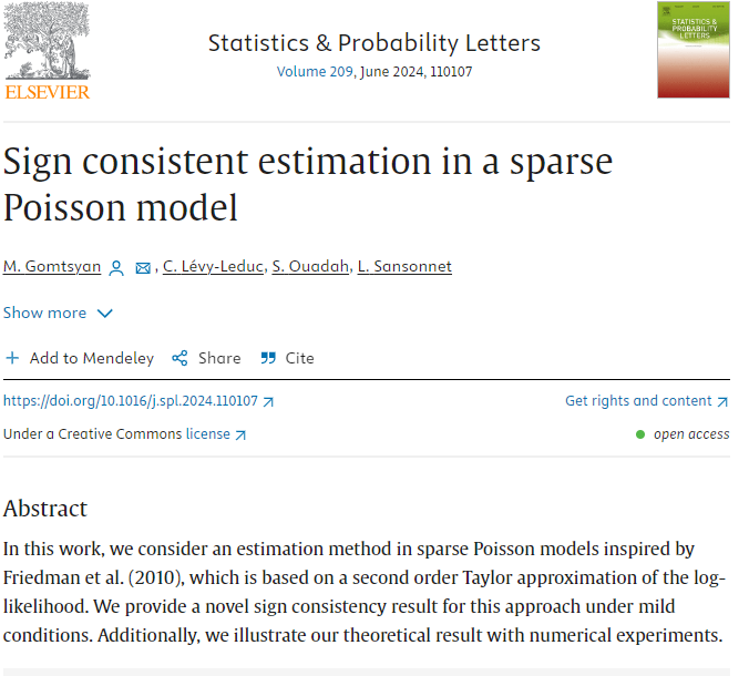 SPLetters_j's tweet photo. Marina Gomtsyan, Céline Lévy-Leduc, Sarah Ouadah and Laure Sansonnet (@MiaParisSaclay @AgroParisTech @UnivParisSaclay) propose an estimation method considering sparse Poisson models for #variableselection. Now in the June SPL issue https://t.co/RY5zvpfD6C https://t.co/kkww4MzWef