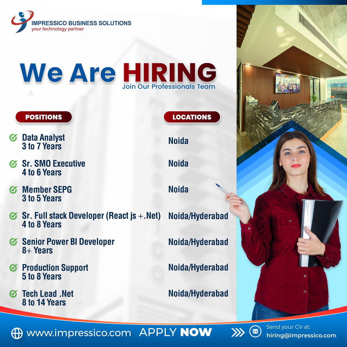 Great opportunity! We are hiring experienced professionals for various positions, as mentioned. Visit the website for a detailed job description: impressico.com Interested candidates can share CV at hiring@impressico.com. #jobs #jobvacancy #impressico #HiringAlert