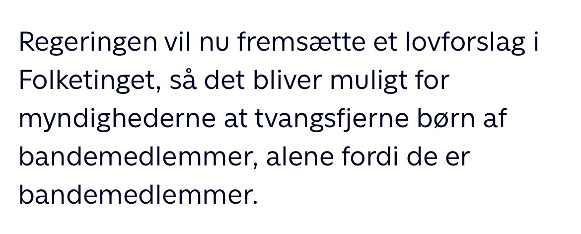 Så ifølge @regeringDK skal vi simpelthen bare til at droppe retssikkerhedsprincipper og traumatisere børn ved at tvangsfjerne dem helt uafhængigt af deres øvrige trivsel? Kan vi lige snakke om, hvor sindssygt det er? #dkpol