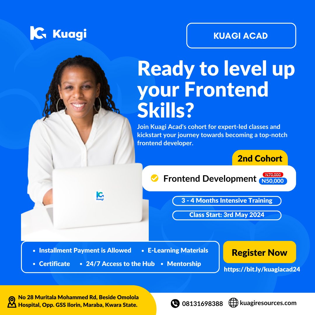 Realize your full potential by creating beautiful and dynamic websites, and launch a career in tech! 💡 🌟 You are going to acquire relevant skills, such as: •HTML •CSS •GIT and GitHub •JavaScript (REACT) To enroll, Register here: bit.ly/kuagiacad24