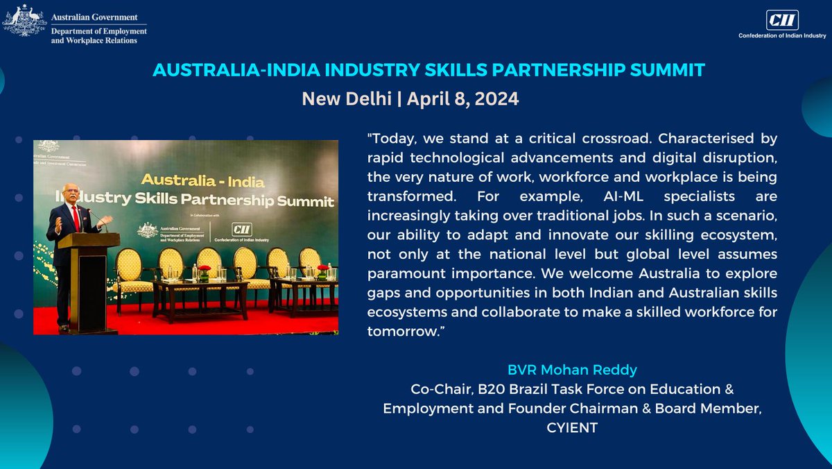 The 'Australia-India Industry Skills Partnership Summit' discussed the critical need to adapt our skillsets for the age of #technologicaladvancements and #digitaldisruption. The crucial need to #adapt and #innovate our skilling ecosystem, both nationally and internationally,…