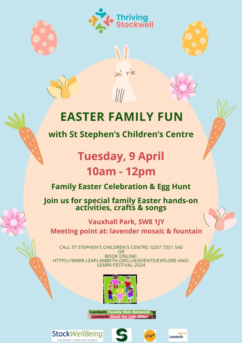 🐣 Don't miss out on EASTER FAMILY FUN at St Stephen's Children's Centre!Join us for a special Family Easter Celebration & Egg Hunt on Tuesday, 9th April, from 10am to 12pm at Vauxhall Park, SW8 1)Y. Enjoy hands-on activities, crafts, songs, and more! #EasterFun #FamilyEvent