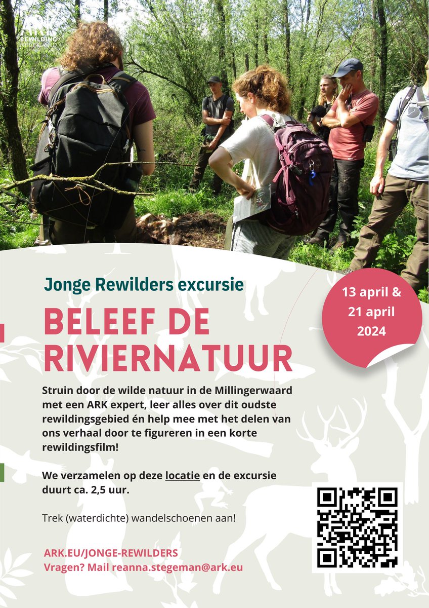 Ga je komende zaterdag van 13.30-16 uur met ons mee? Of 21 april? In het voorjaar is dit gebied op zijn mooist, dus mis het niet! Tijdens deze excursies zullen opnames gemaakt worden voor een (korte) video over #rewilding voor ons eigen jonge rewilders netwerk!!🤩 Scan QR code: